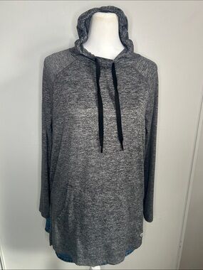 GAP Fit Women's Brushed Tech Jersey Heather Gray Black Athletic Pullover Hoodie